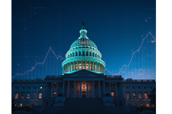 A striking, modern editorial image of the U.S. Capitol building viewed from a dramatic low angle at blue hour, with crisp architectural detail and a dignified civic atmosphere.