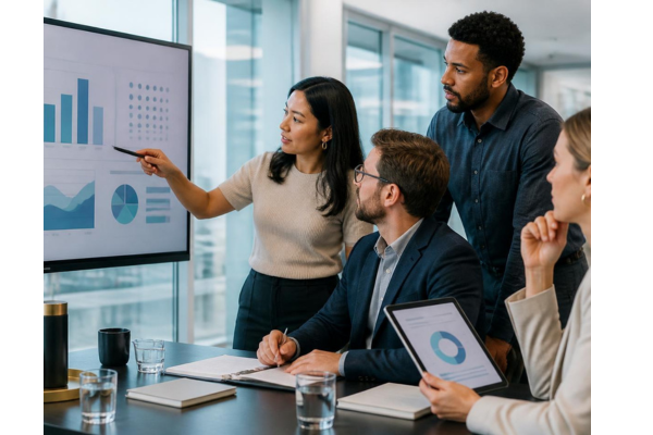 A team of finance or compliance team members reviewing insights together on a screen or tablet.