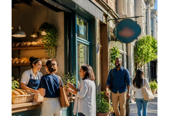 A vibrant photo focused on a thriving local small business in a diverse neighborhood. Welcoming independent storefront.