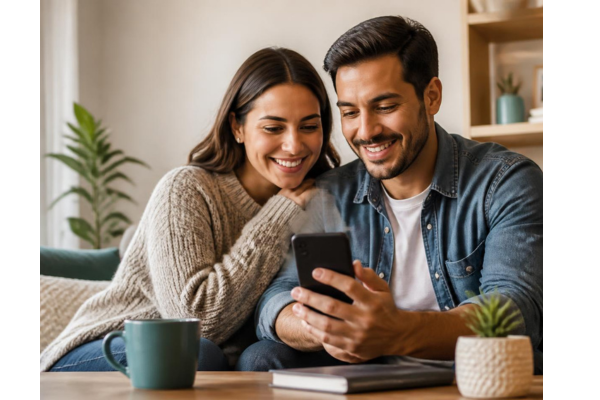 A warm, candid photo of a young couple smiling while looking at a mobile banking app on their phone in a cozy living room setting.