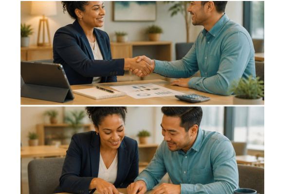 A warm lifestyle photo emphasizing partnership, guidance, and support. Friendly credit union representative and a member collaborating.