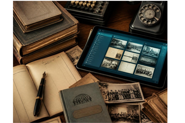 A warm, nostalgic photo flat lay and cinematic macro still life celebrating the history of credit unions.