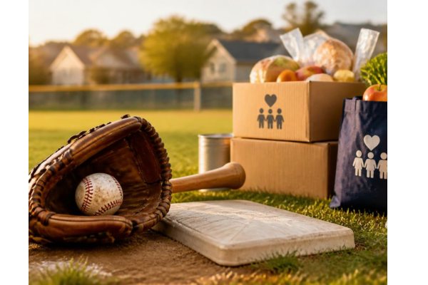 A warm still life combining classic baseball elements with symbols of community support.