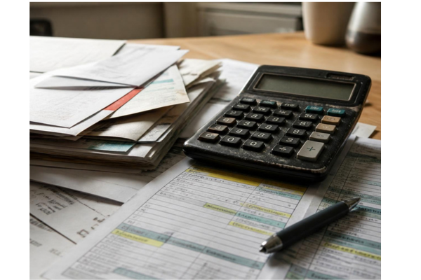 A worn, slightly scratched household calculator resting on top of a stack of past due bills and a tightly packed household budget spreadsheet.