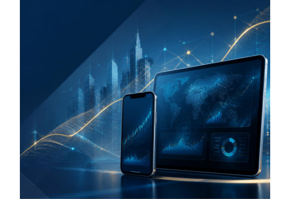 Abstract, high end financial technology scene with sleek glassmorphism dashboard panels, subtle rising data lines, connected digital nodes, a smartphone and tablet