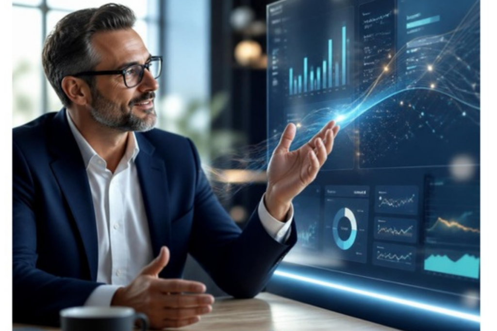 A high quality photorealistic editorial image of a credit union marketer or executive having a seamless, natural conversation with an intelligent financial dashboard in a bright modern office
