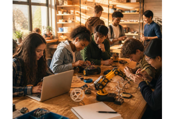 Candid, warm photo of a diverse group of teenagers and young adults engaged in hands on learning and authentic collaboration around coding on laptop.