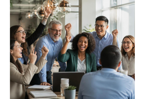 Diverse group of credit union employees celebrating together in a modern, sunlit office space.