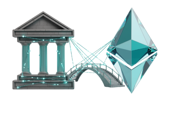 Graphic that visualizes the bridge between traditional credit union institutional banking and decentralized blockchain networks.