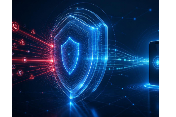 High tech corporate cybersecurity graphic in clean blues and deep navy tones. Composition on a luminous digital shield, fiber optic strands.