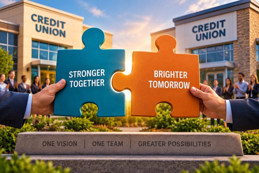 A professional credit union merger-themed image shows two large puzzle pieces being brought together in front of two credit union buildings. A teal puzzle piece reads “Stronger Together,” while an orange puzzle piece reads “Brighter Tomorrow.” Business leaders hold the pieces as they are about to connect, symbolizing two organizations joining forces. Employees from both credit unions stand in the background, reinforcing the idea of bringing together people, teams, cultures, and organizations. The message “One Vision | One Team | Greater Possibilities” appears across the foreground. The image conveys themes of credit union mergers, collaboration, organizational growth, shared resources, stronger member service, combining teams, strategic partnerships, and building a stronger future together.