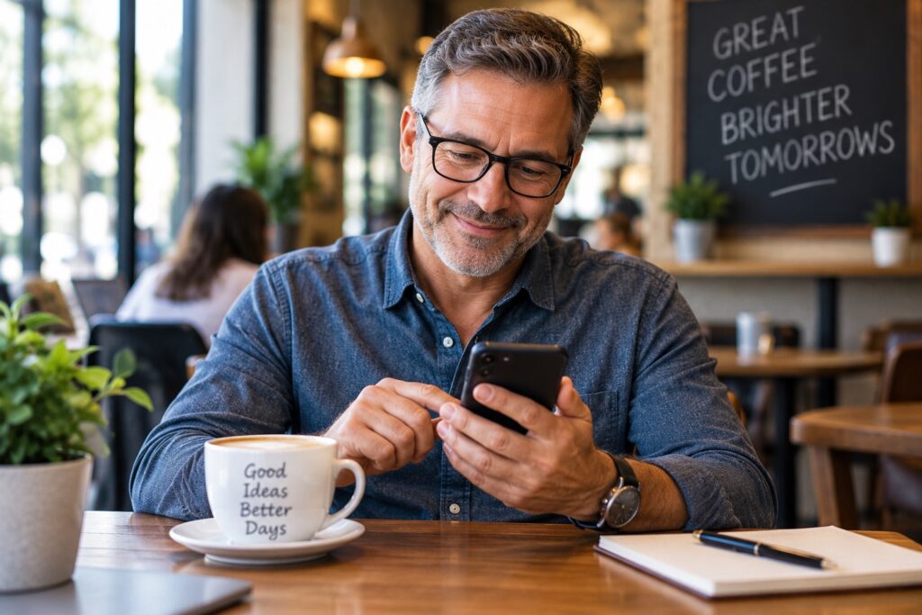 A middle-aged man sits at a table in a comfortable, modern coffee shop, smiling as he looks at and interacts with his smartphone. He is dressed casually in a blue button-down shirt and glasses, with a cup of coffee, notebook, pen, laptop, and small plant arranged on the table around him. Other customers and warm café lighting appear softly blurred in the background, creating a relaxed everyday setting. The image conveys themes of mobile technology, digital banking, online communication, financial apps, connectivity, remote work, and everyday consumer technology use.