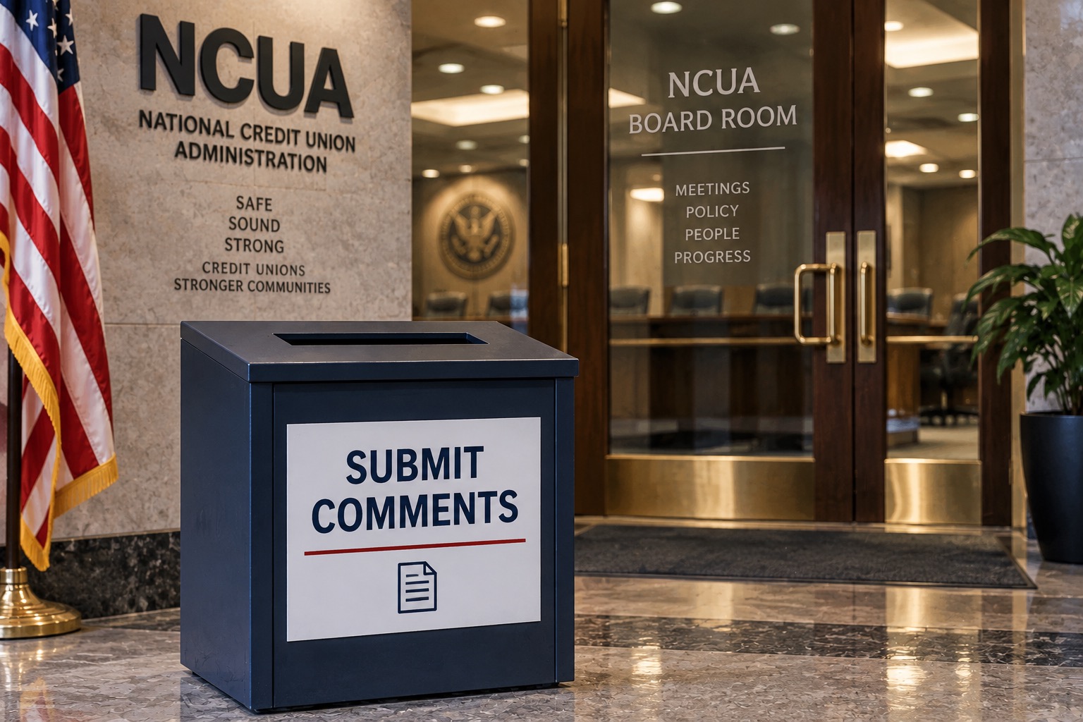 A realistic image of a “Submit Comments” collection box positioned outside the NCUA Board Room. The setting features a formal government-office entrance with glass doors, an American flag, NCUA signage, and a conference room visible in the background. The prominent comment box in the foreground reinforces the theme of federal regulators seeking public and credit union industry feedback on proposed rules and policies.