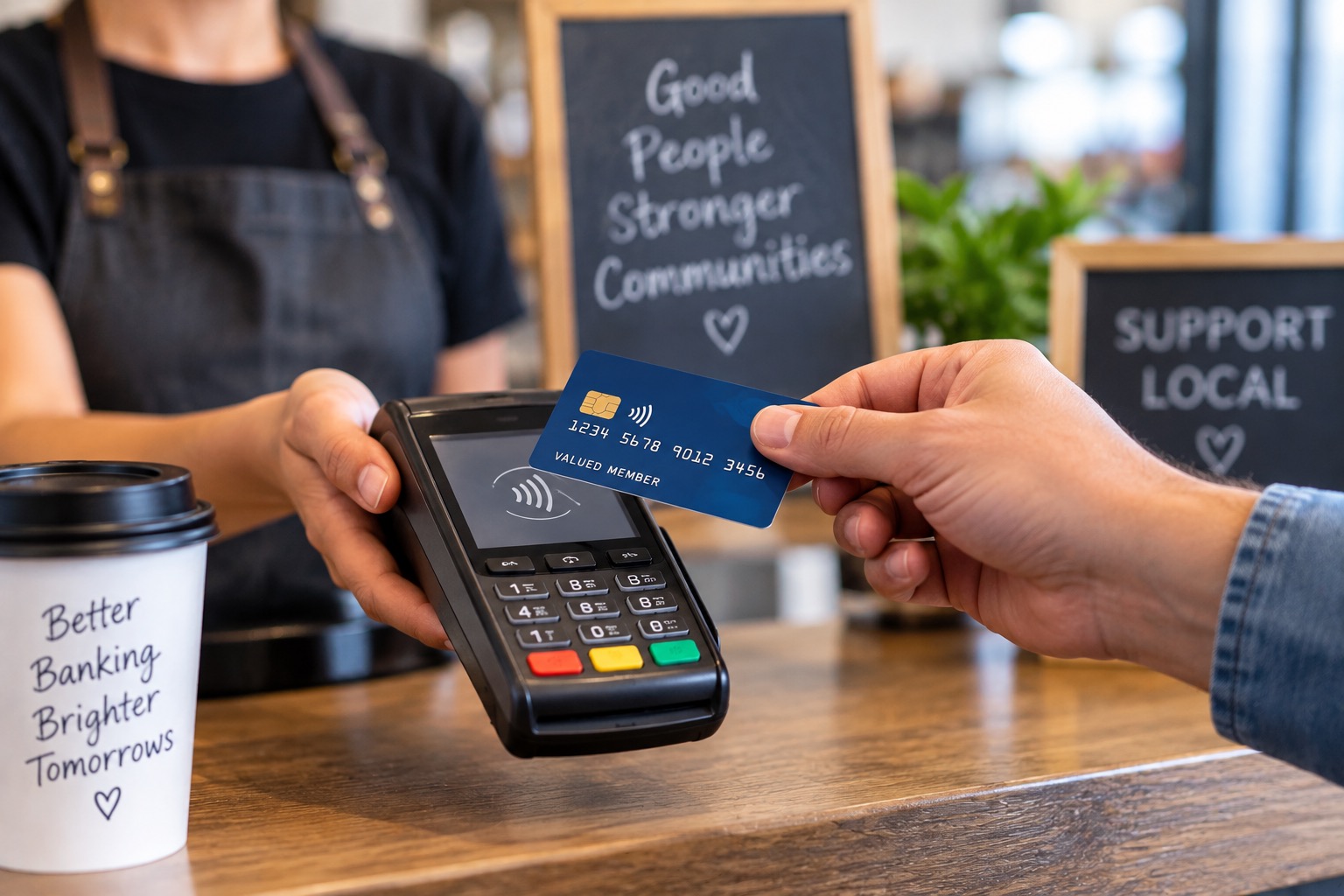 A realistic image of a customer making a contactless credit card payment at a local café. The customer holds a blue credit card over a payment terminal while a cashier assists from behind the counter. Signs emphasizing stronger communities and supporting local businesses reinforce themes of convenient digital payments, credit union membership, community banking, and everyday financial transactions.