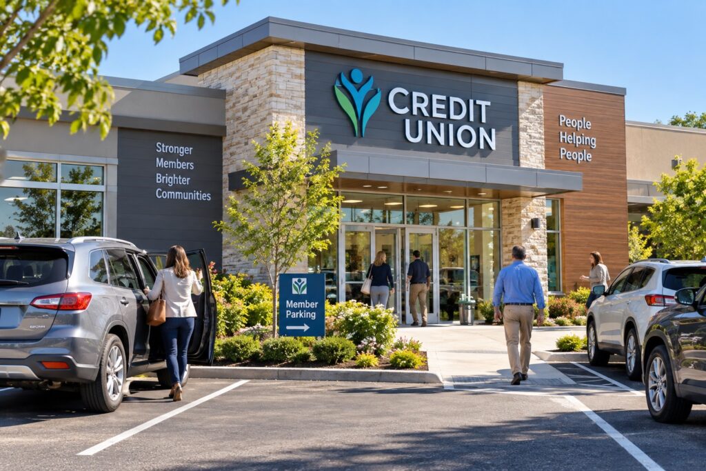 A realistic image of a modern credit union branch on a busy day, with several vehicles parked outside and members actively coming and going through the main entrance. The contemporary building features prominent Credit Union signage, landscaped grounds, an American flag, and messaging emphasizing “People Helping People” and stronger communities. The scene conveys an active, accessible financial institution serving its members in person, highlighting community banking, member service, branch activity, and local engagement.