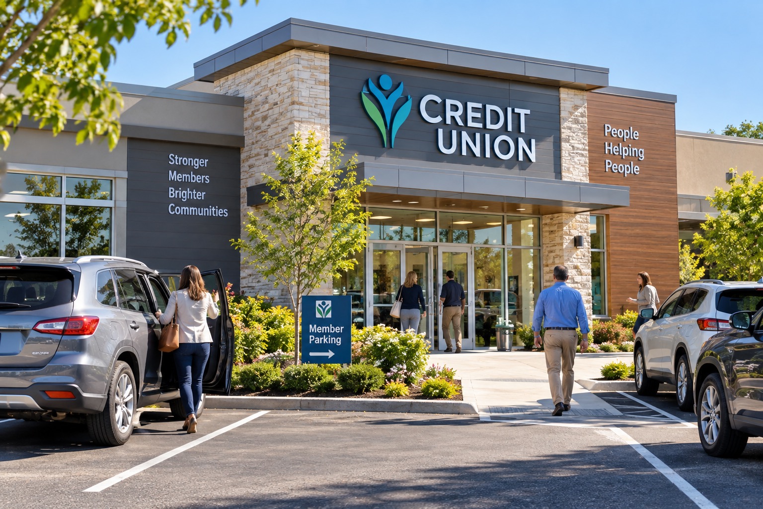 A realistic image of a modern credit union branch on a busy day, with several vehicles parked outside and members actively coming and going through the main entrance. The contemporary building features prominent Credit Union signage, landscaped grounds, an American flag, and messaging emphasizing “People Helping People” and stronger communities. The scene conveys an active, accessible financial institution serving its members in person, highlighting community banking, member service, branch activity, and local engagement.