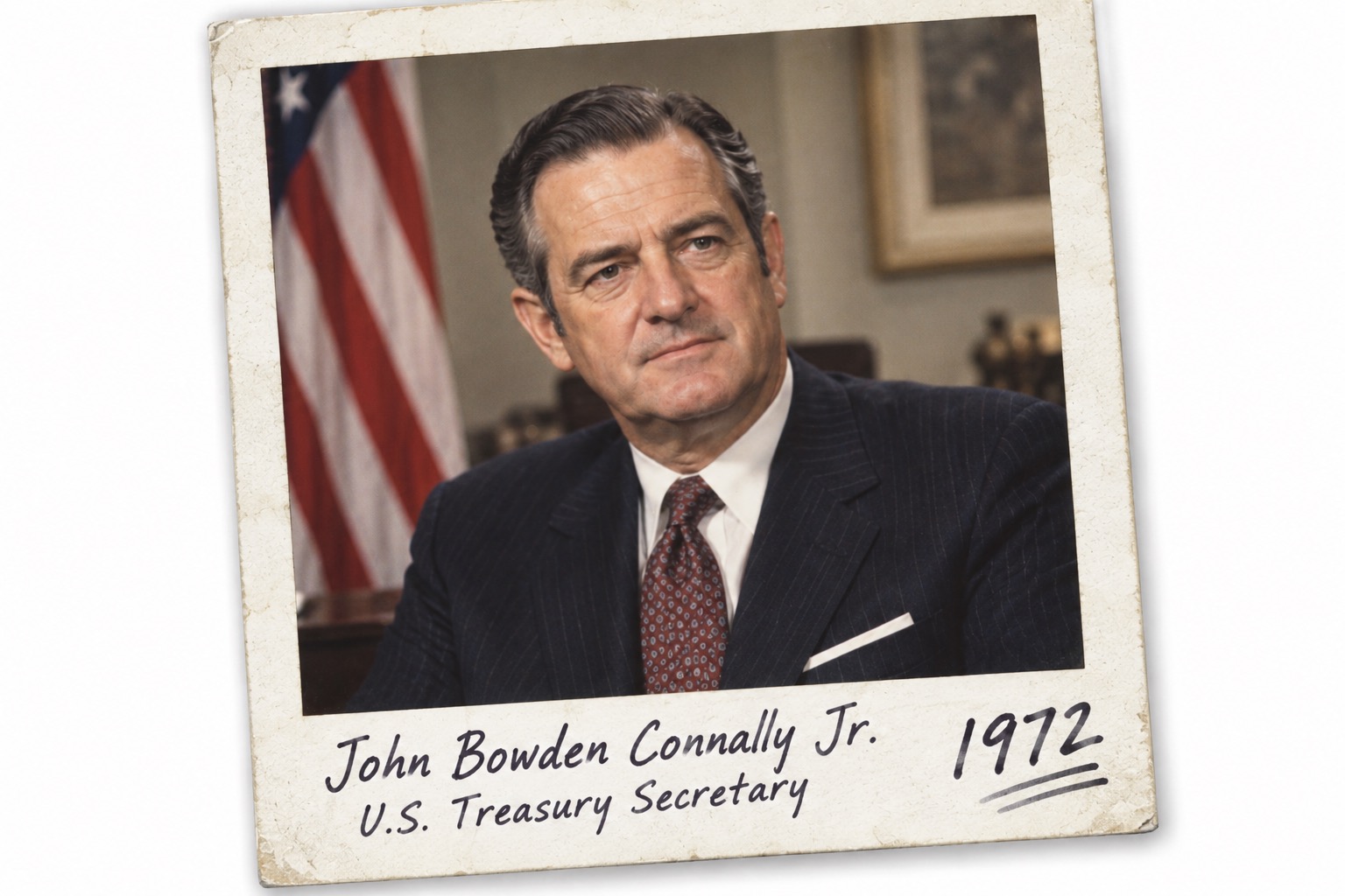 A vintage Polaroid-style portrait of John Bowden Connally Jr., shown in a dark suit and patterned tie with an American flag in the background. The aged, slightly weathered photo frame is labeled “John Bowden Connally Jr. — U.S. Treasury Secretary — 1972,” giving the image the appearance of an archival photograph from the early 1970s. The composition evokes themes of U.S. economic history, federal financial policy, the Treasury Department, and the Nixon era.