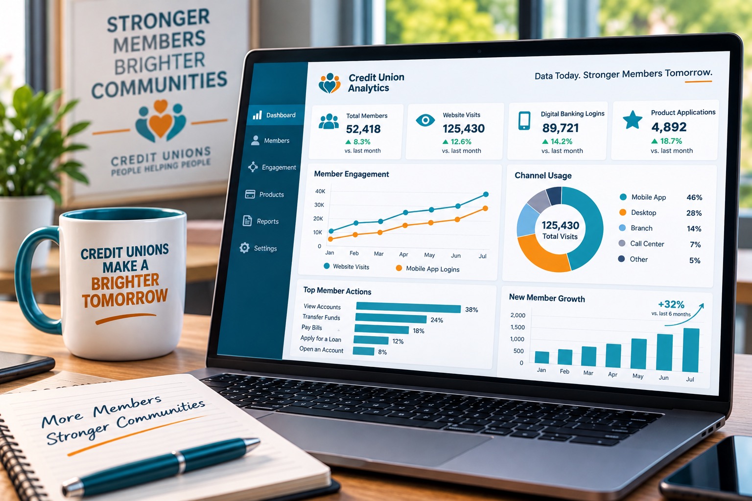 A modern credit union analytics platform displayed on a laptop, featuring dashboards that track member growth, engagement, website visits, digital banking activity, product applications, and channel usage. Credit union-themed messaging such as “Stronger Members, Brighter Communities” and “Credit Unions Make a Brighter Tomorrow” reinforces the focus on using data and technology to improve member experiences, measure performance, identify trends, and support strategic growth.