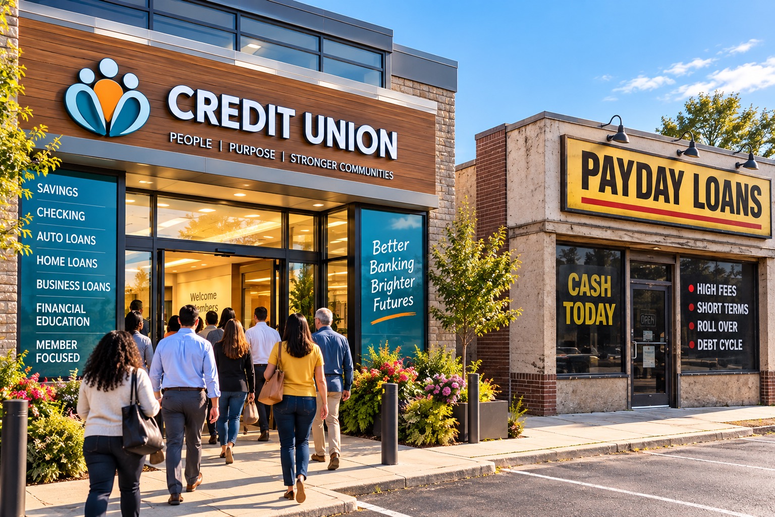 A realistic image contrasting a busy, welcoming credit union with an empty payday lender next door. A steady stream of people enters the modern credit union, which promotes savings, checking, affordable loans, financial education, and a member-focused approach, while the neighboring payday lender sits deserted with signage referencing high fees, short terms, rollovers, and the debt cycle. The image highlights themes of consumer financial choice, affordable lending, financial wellness, community banking, credit union membership, and alternatives to high-cost payday loans.