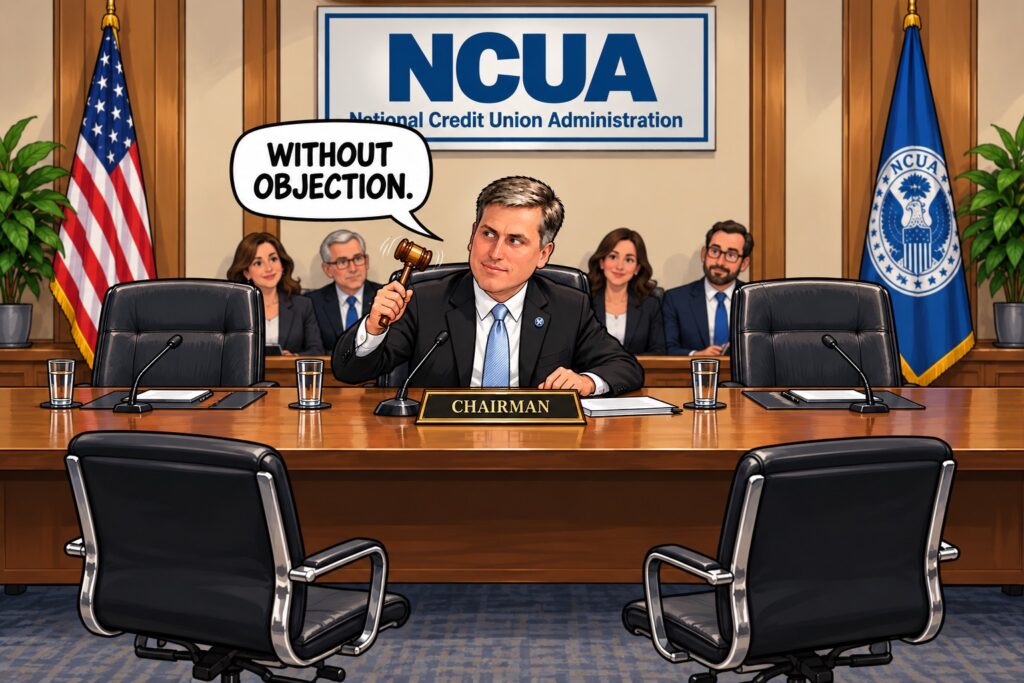 A satirical editorial cartoon depicting an NCUA board meeting with the chairman seated alone at the center of the board table, gavel raised and a nameplate reading “CHAIRMAN.” Two empty board seats flank him as he looks toward the vacancies and declares, “WITHOUT OBJECTION.” Several staff members sit directly behind the chairman, while prominent NCUA signage, the American flag, and an agency flag establish the regulatory setting. Two additional empty swivel chairs face the board table from the foreground. The image uses humor to emphasize themes of NCUA governance, board vacancies, regulatory decision-making, federal oversight, and the mechanics of conducting official board business.