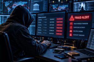 A dramatic, realistic editorial image depicting a cybercriminal attempting financial fraud against credit union members. A hooded figure sits at a bank of computer monitors displaying masked member accounts, unauthorized money transfers, suspicious login activity, and a prominent red “FRAUD ALERT.” Additional screens show digital networks, financial systems, and global cyber activity, creating the atmosphere of a sophisticated cyberattack. The image represents account takeover, identity theft, unauthorized transactions, cybercrime, financial fraud, data security, and the growing need for strong fraud detection and cybersecurity at credit unions.
