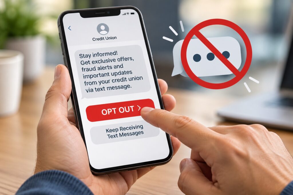 A realistic close-up image of a credit union member opting out of text messages on a smartphone. The screen displays a credit union message offering updates, fraud alerts, and other communications, with the user selecting a prominent red “OPT OUT” button. A crossed-out text-message symbol reinforces the action, highlighting themes of consumer communication preferences, text-message consent, SMS marketing, opt-out rights, member privacy, and credit union compliance.