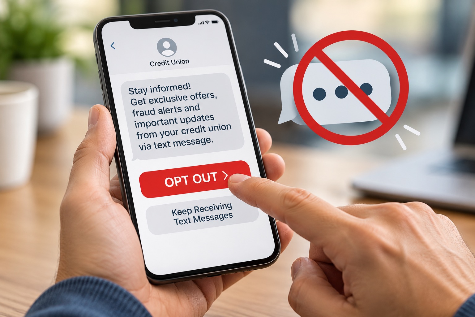 A realistic close-up image of a credit union member opting out of text messages on a smartphone. The screen displays a credit union message offering updates, fraud alerts, and other communications, with the user selecting a prominent red “OPT OUT” button. A crossed-out text-message symbol reinforces the action, highlighting themes of consumer communication preferences, text-message consent, SMS marketing, opt-out rights, member privacy, and credit union compliance.