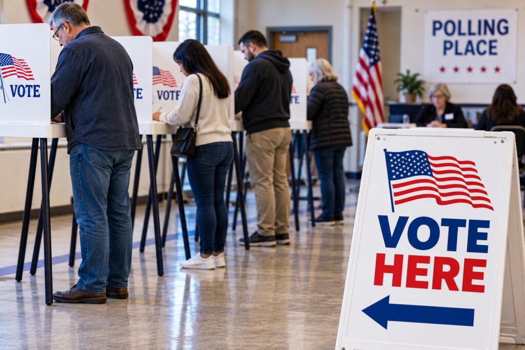 A realistic image of a U.S. polling location on Election Day, showing voters casting their ballots at private voting booths while election workers assist at a registration table in the background. A prominent “VOTE HERE” sign with an American flag and directional arrow guides voters into the polling area. The image represents voting, elections, civic participation, democracy, polling places, voter engagement, and the electoral process in the United States.