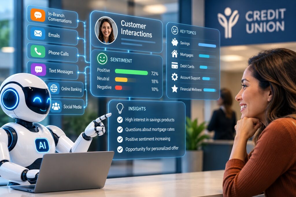 A futuristic image illustrating AI analyzing credit union member interactions across multiple communication channels. An AI assistant reviews data from in-branch conversations, emails, phone calls, text messages, online banking, and social media while interacting with a credit union member. Digital dashboards display sentiment analysis, member interests, key topics, and behavioral insights, including savings, mortgages, debit cards, account support, and financial wellness. The image represents how credit unions can use artificial intelligence, data analytics, personalization, member sentiment, and omnichannel insights to better understand members and improve their overall experience.