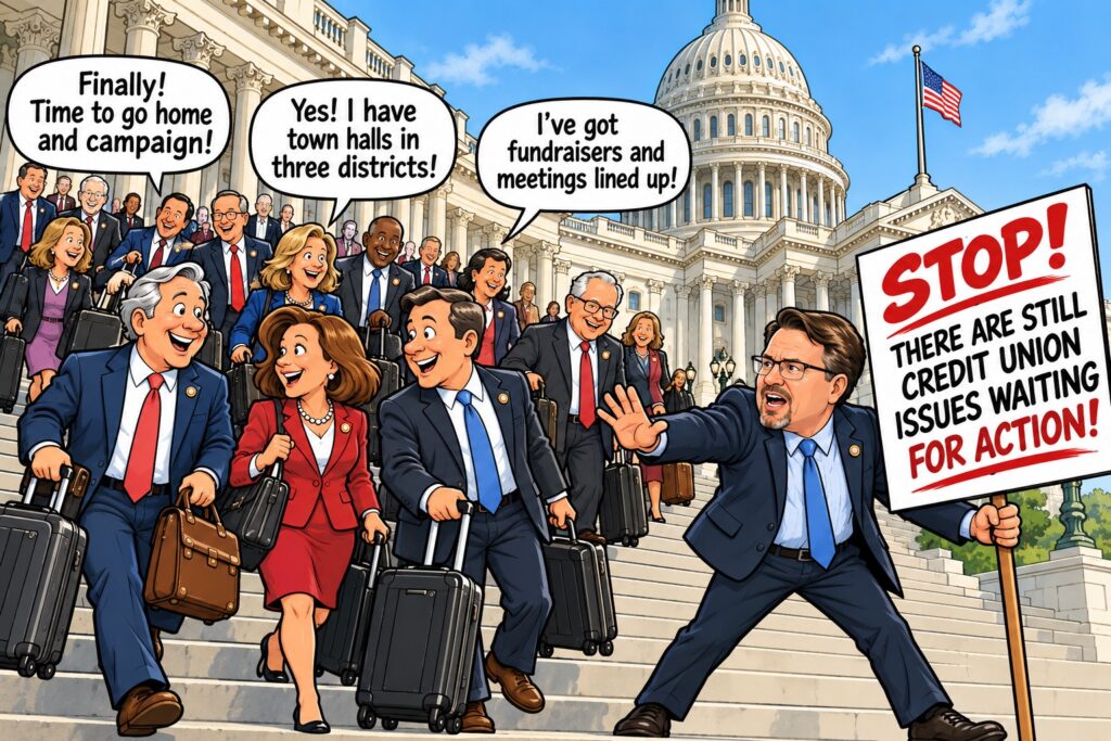 members of congress leaving town to campaign with 1 person telling the they still have work to do for credit unions