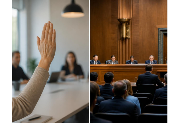 Photo of a hand politely raised in a modern meeting or a split-screen image contrasting a standard Capitol Hill hearing room