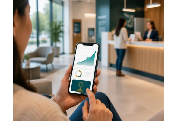 Photo with a split composition of a person holding and looking at a modern smartphone displaying a simple upward-trending financial chart.