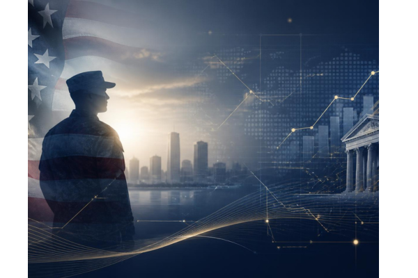 Powerful, respectful conceptual editorial graphic combining a subtle American flag fabric texture and a dignified military silhouette with a modern financial services background.