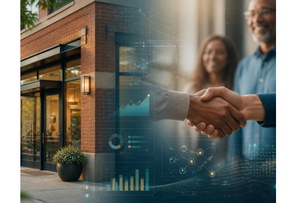 Split composition graphic for a trustworthy credit union. Shows a classic, welcoming brick and mortar credit union storefront and handshake.