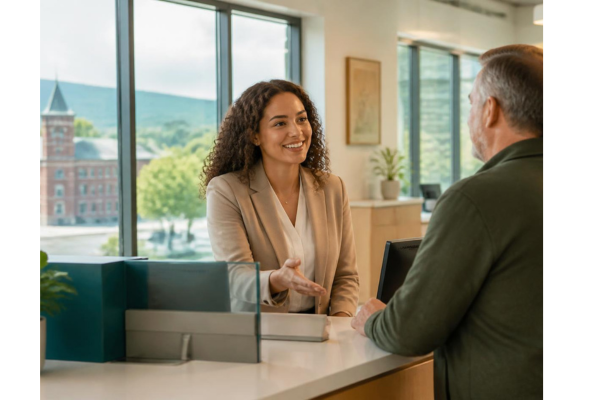 UMassFive College FCU lifestyle photograph inside a modern credit union branch in the Western Massachusetts Pioneer Valley.