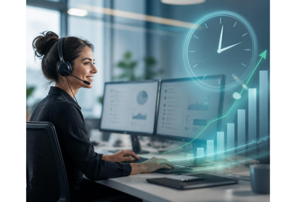 A calm, smiling contactcenter employee working efficiently at a modern dual-monitor setup in a bright, professional office.