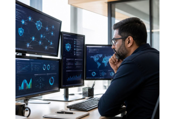 A candid photo of an IT or compliance professional intently reviewing a clean, modern cybersecurity dashboard and network map across multiple monitors in a well-lit contemporary office.