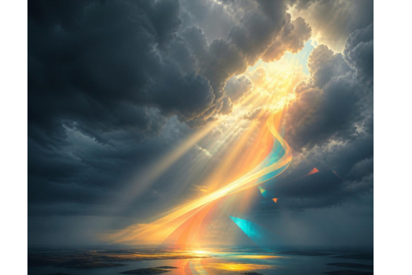 A dramatic storm cloud formation with a brilliant break of warm sunlight.