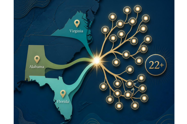 A clean regional network graphic showing Alabama, Florida, and Virginia as distinct roots converging into one strong, expanding system with 22+ branch points.