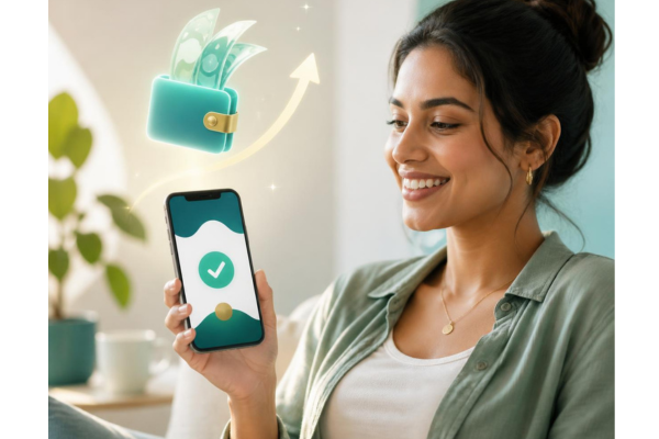 A clean, uplifting lifestyle image of a smiling confident member looking at a smartphone displaying a secure mobile banking notification.