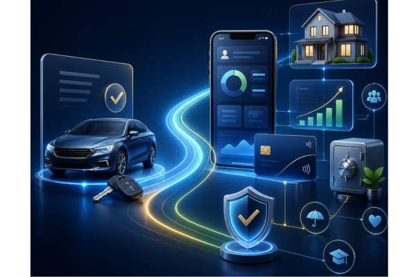 A conceptual fintech graphic illustrating a smooth transition path from an auto loan into a full digital banking suite.