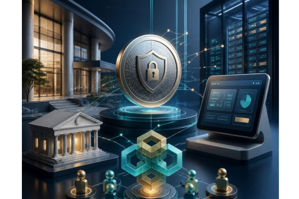 A fintech composition showing a secure digital token icon and elegant blockchain visualization seamlessly interacting with traditional credit union architecture.
