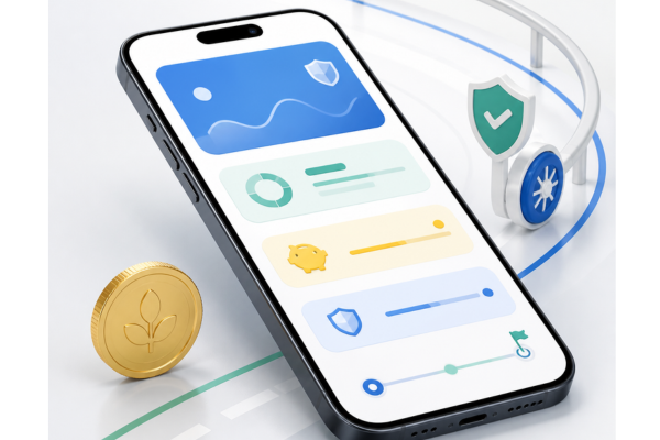 A fintech graphic featuring one single coin resting beside a sleek smartphone displaying an abstract mobile banking app mockup.