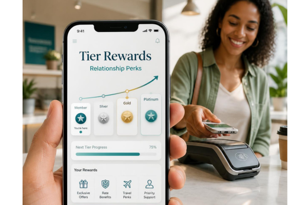 A fintech lifestyle image centered on a sleek smartphone displaying a gamified digital banking interface.