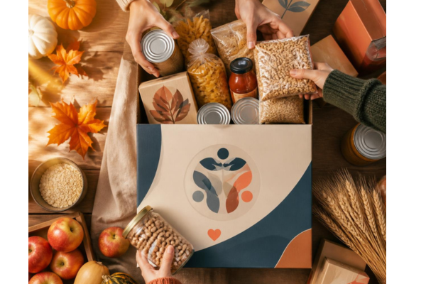 A flat lay photo of a welcoming community food drive donation bin.