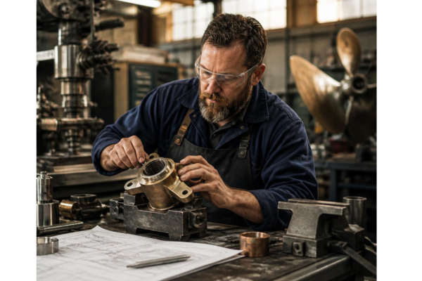A focused veteran entrepreneur or skilled machinist working in a modern machine shop, person actively inspecting or fabricating a precision metal component.