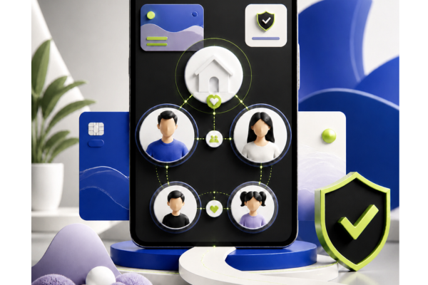 A graphic showing connected digital profiles for a household account with two adult parent profiles and two child profiles linked beneath one unified household account on a smartphone.