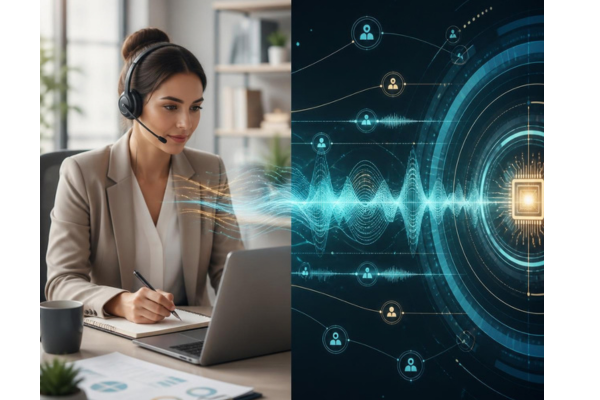 A graphic split on the left a calm focused customer service professional in a bright contemporary office.