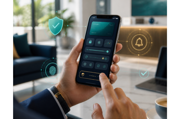 A lifestyle and fintech image featuring a confident member using a modern smartphone focused on advanced card controls and real time fraud prevention.