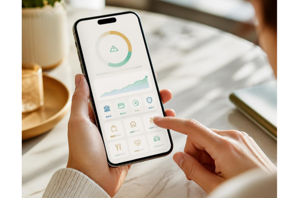 A lifestyle photograph of a person comfortably interacting with a bright, intuitive financial wellness app on a modern smartphone.